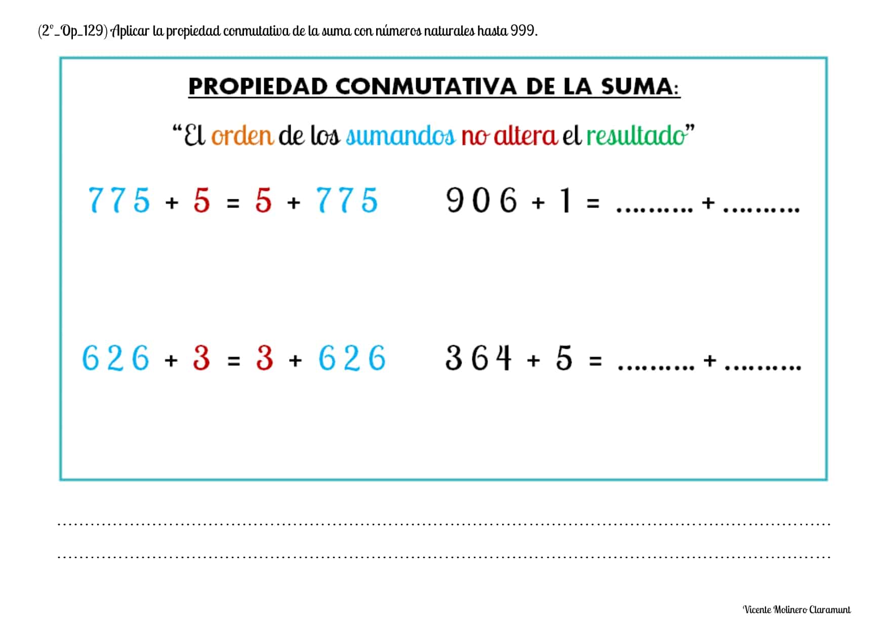 🔢 Propiedad Conmutativa de la Suma hasta 999 🔢 PDF