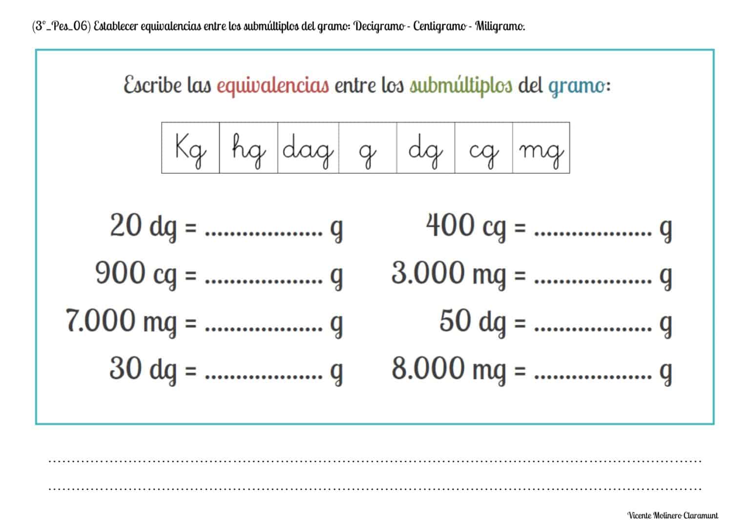 💙 MEDIDAS DE MASA Y PESO 💙 Tercero Educación Primaria (8 años)