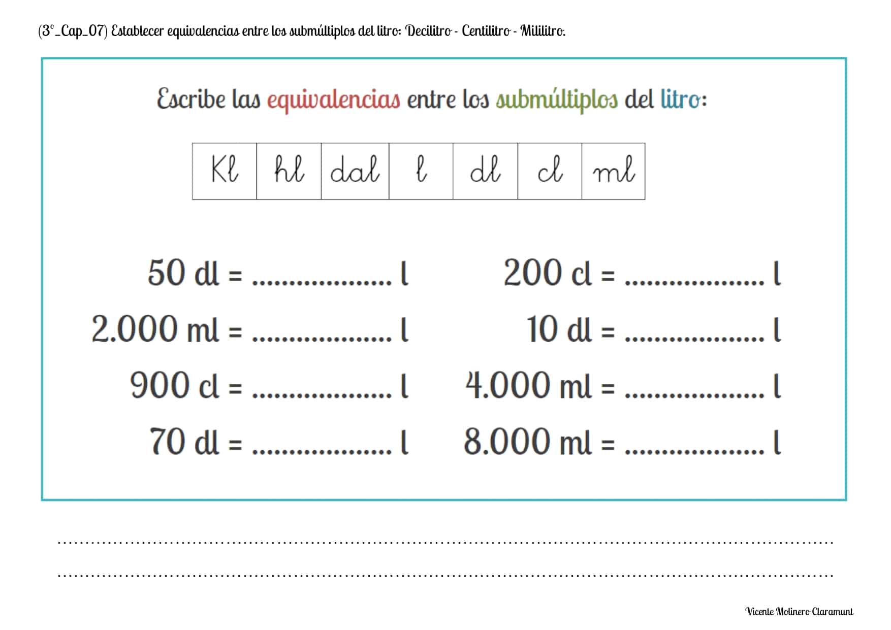 💙 MEDIDAS DE CAPACIDAD 💙 Tercero Educación Primaria (8 años) 💙 MEDIDAS DE CAPACIDAD 💙 Tercero Educación Primaria (8 años)
