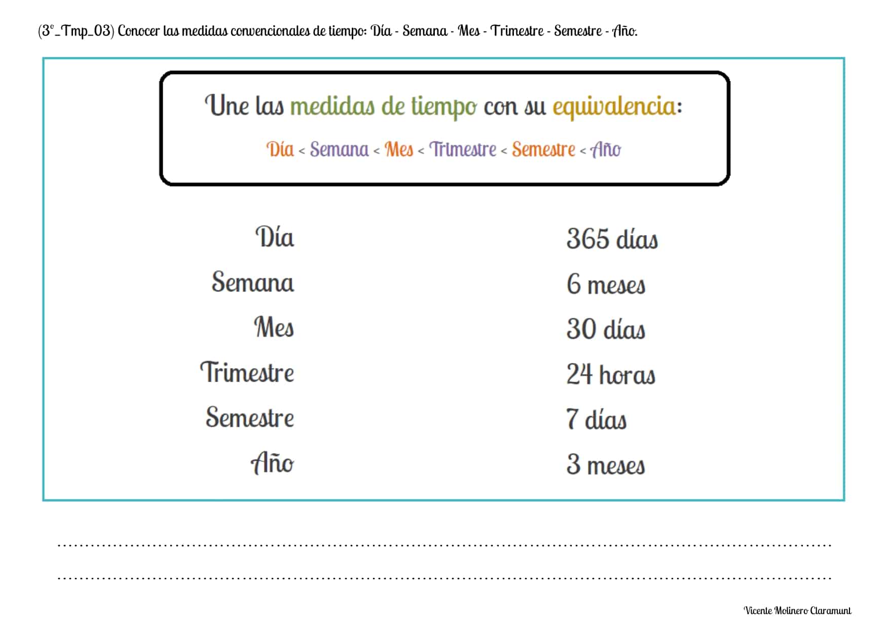 💙 MEDIDAS DE TIEMPO 💙 Tercero Educación Primaria (8 años)