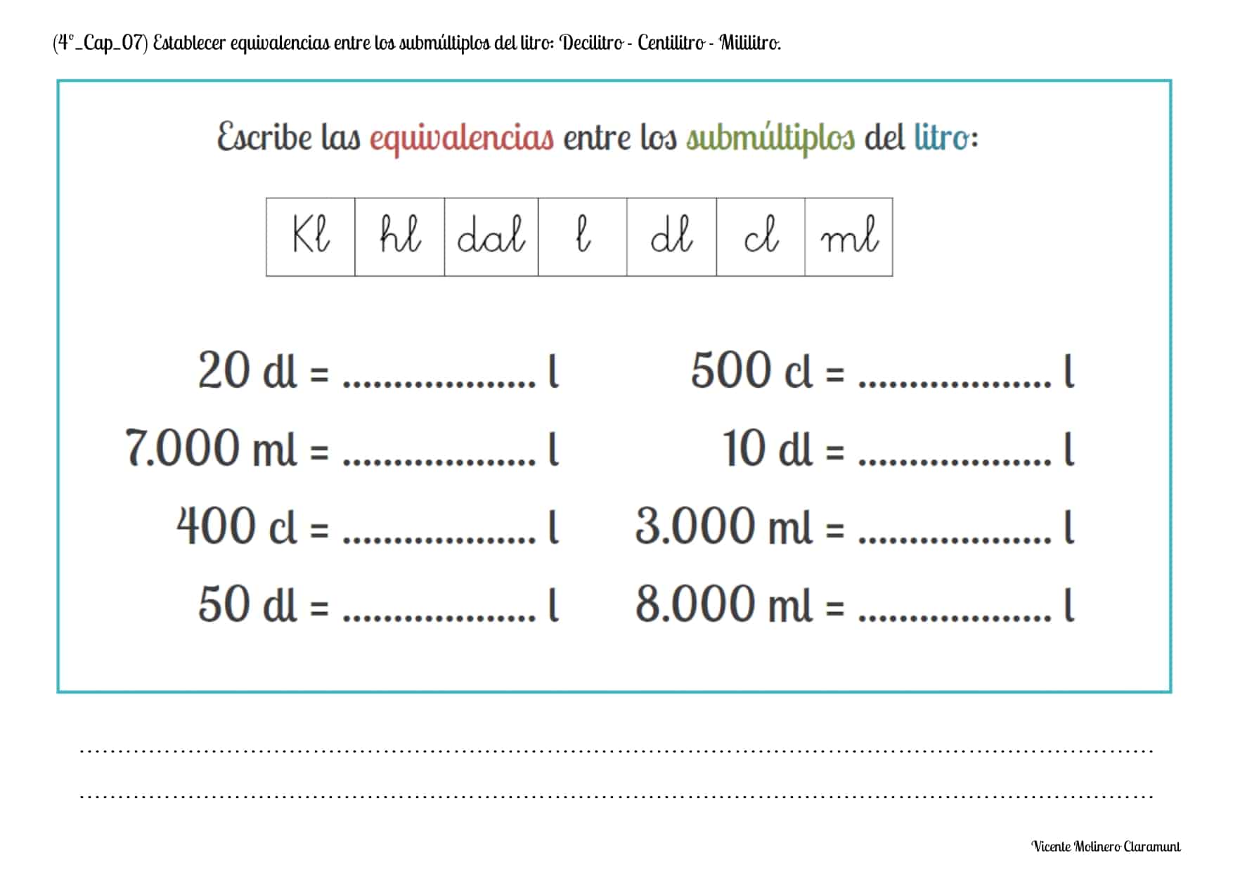 💙 MEDIDAS DE CAPACIDAD 💙 Cuarto Educación Primaria (9 años)