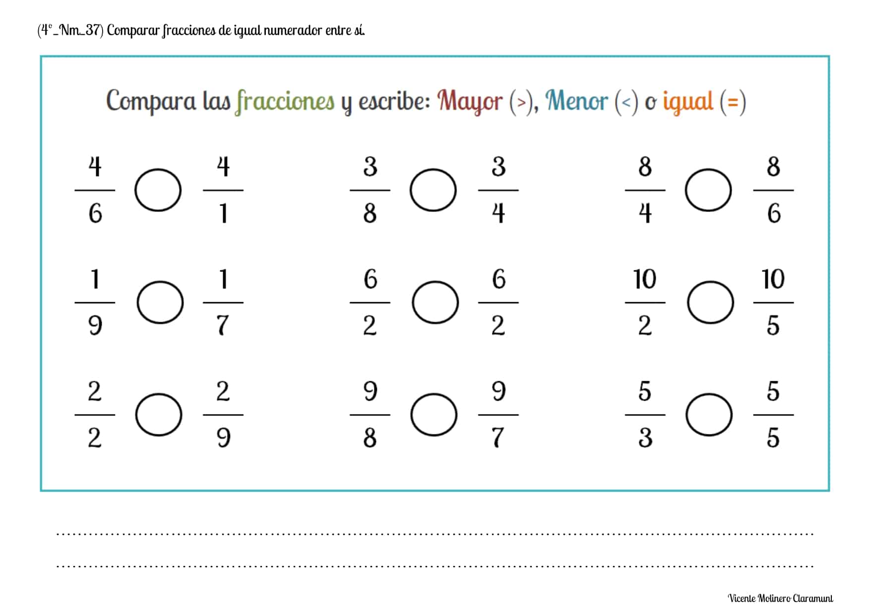 Comparacion De Fracciones Ejercicios Para Imprimir