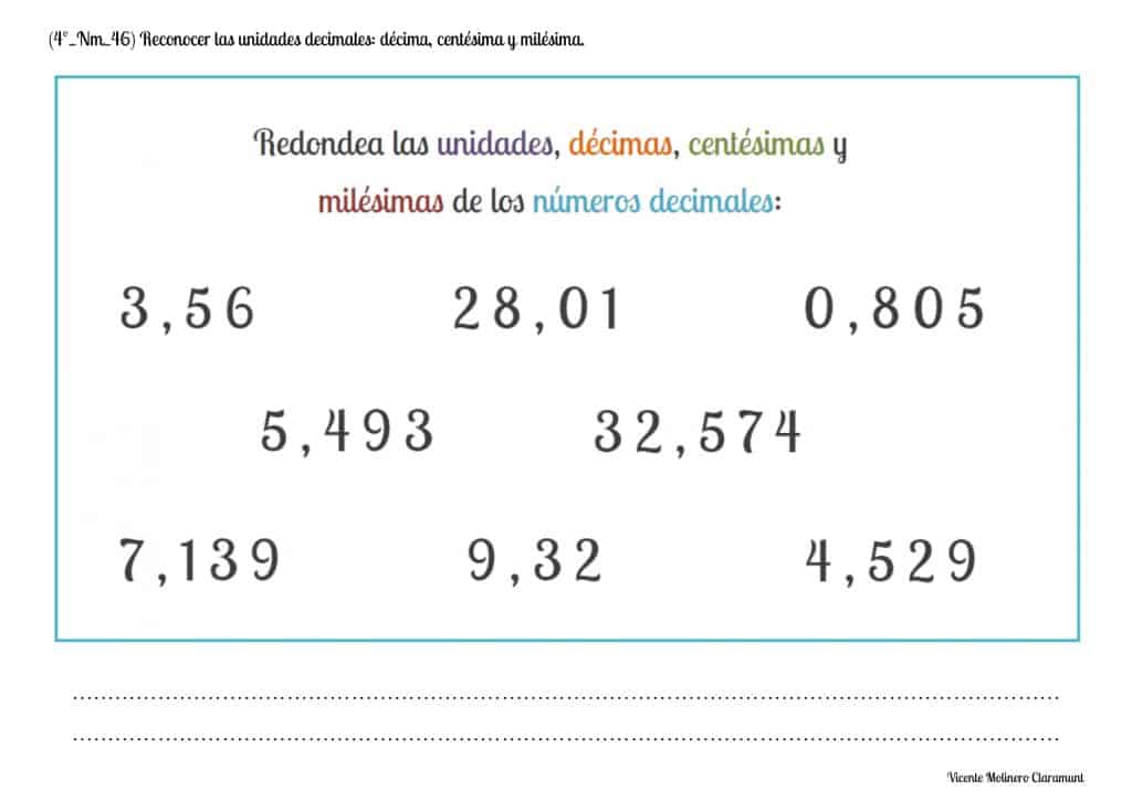 💙 NÚMEROS DECIMALES 💙 Cuarto Educación Primaria (9 años)