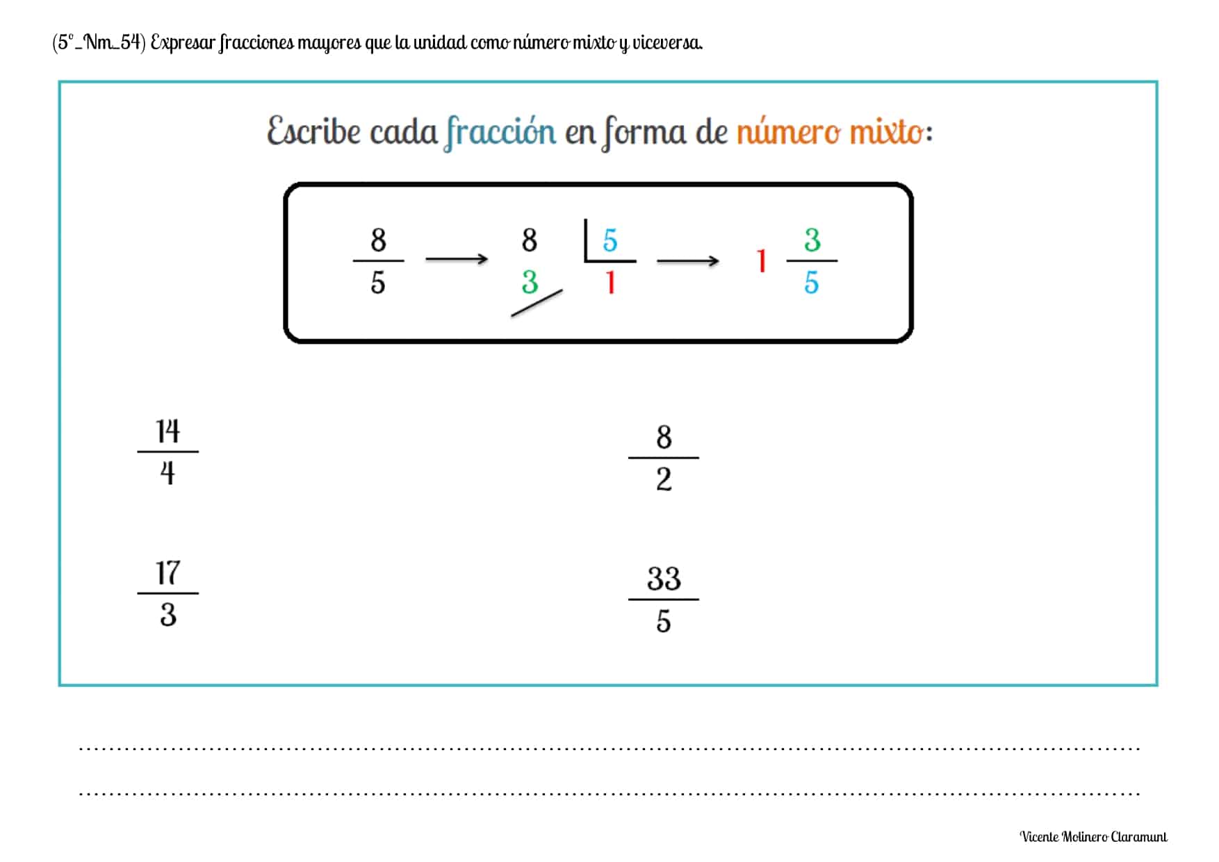 🔢 Expresar Fracciones como Número Mixto 🔢 Ejercicios PDF