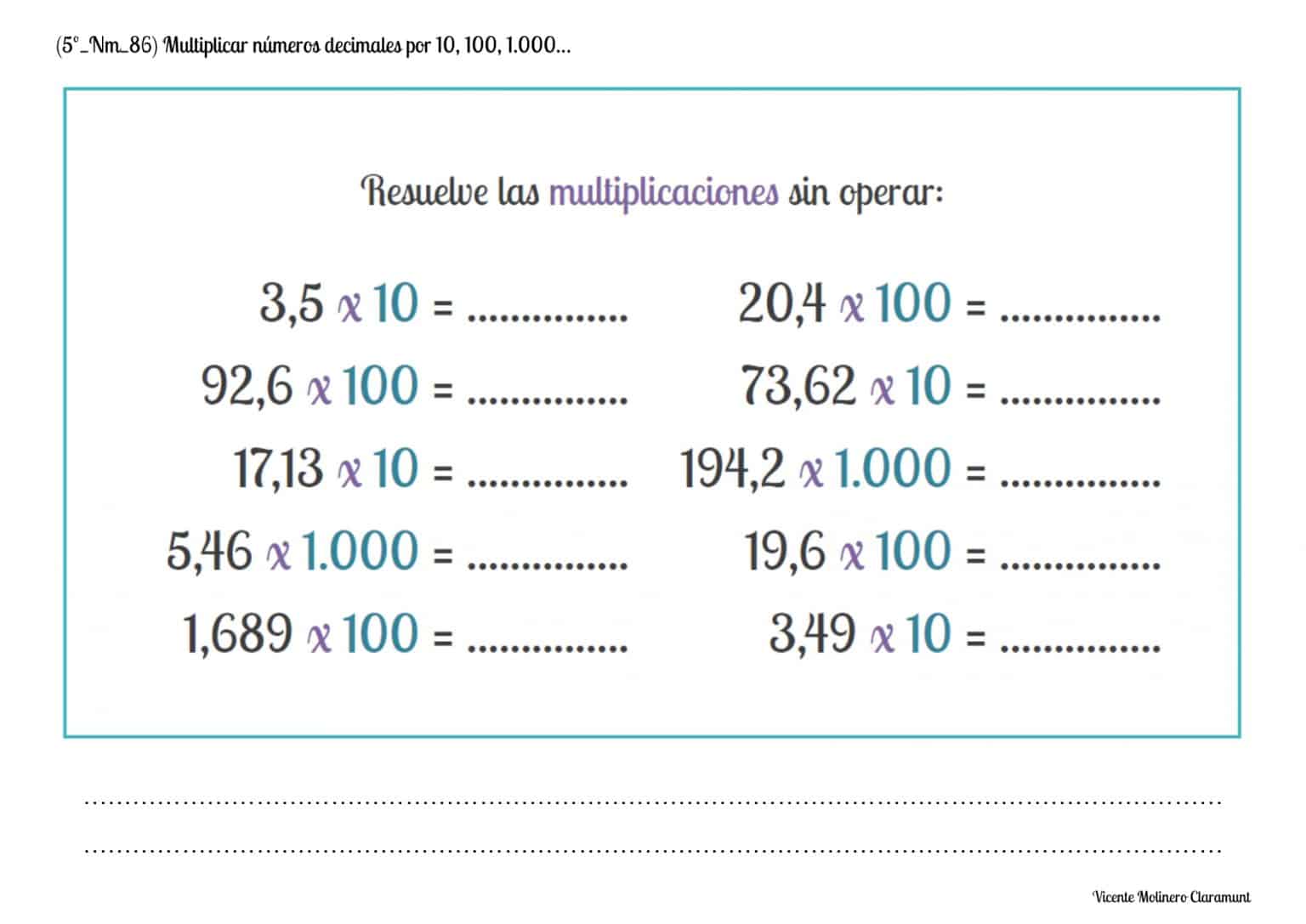 💙 NÚMEROS DECIMALES 💙 Quinto Educación Primaria (10 años)